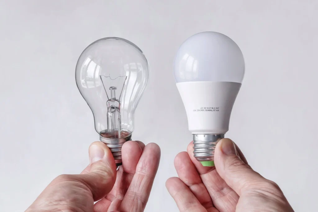 Incandescent light bulb and LED lamp being compared side by side GettyImages 930936370 KSedit FT
