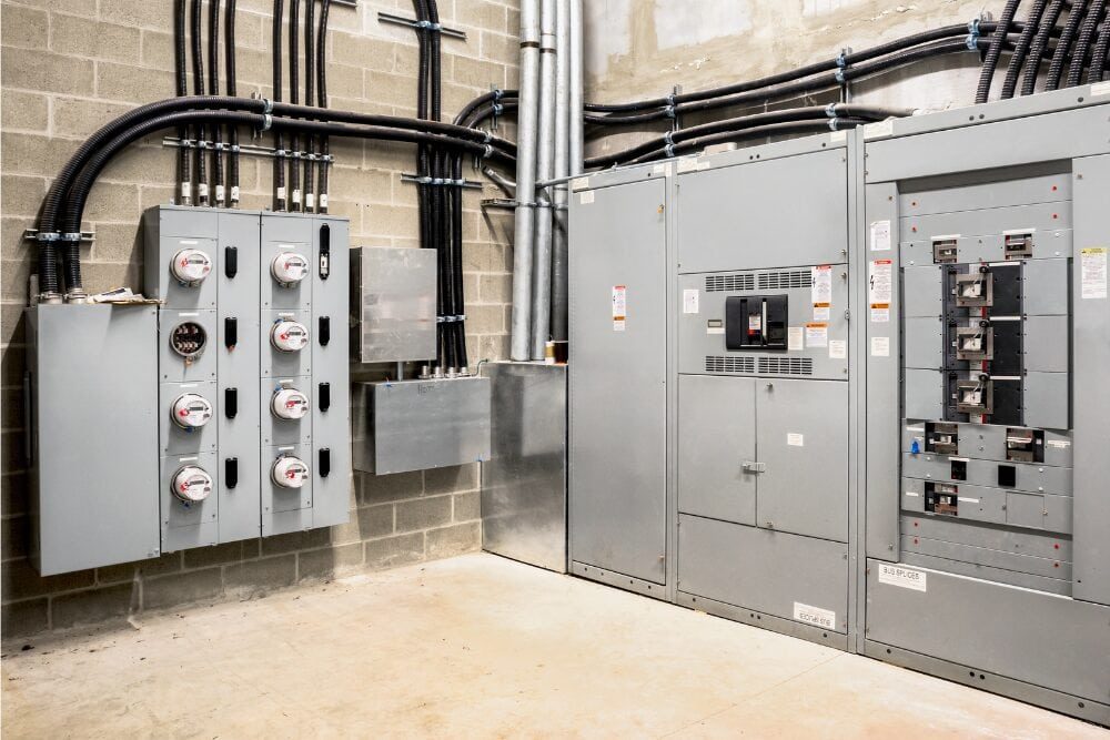 Commercial Electrical Room Installation Professionally installed commercial electrical room with service meters, distribution panels, and conduit by Kelvin Electric.