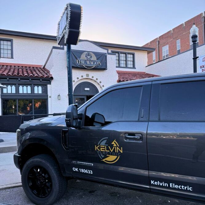 Kelvin Electric service truck parked in front of The Wagon in Oklahoma City during a commercial electrical project.